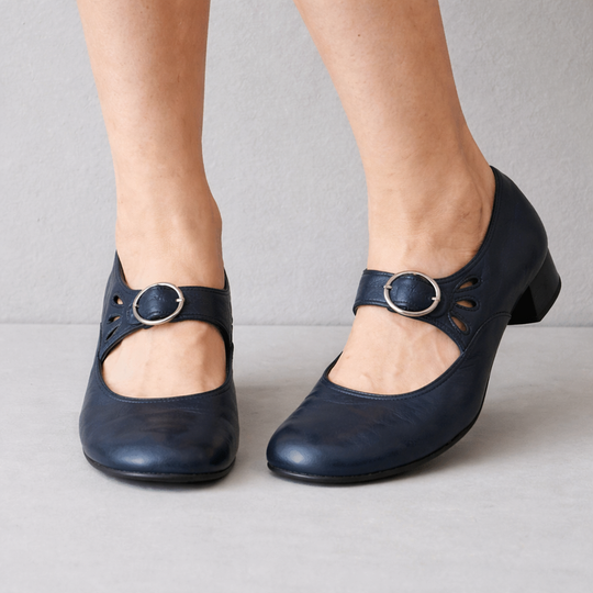 Women’s Closed Toe Heeled Shoes with Strap and Buckle Detail