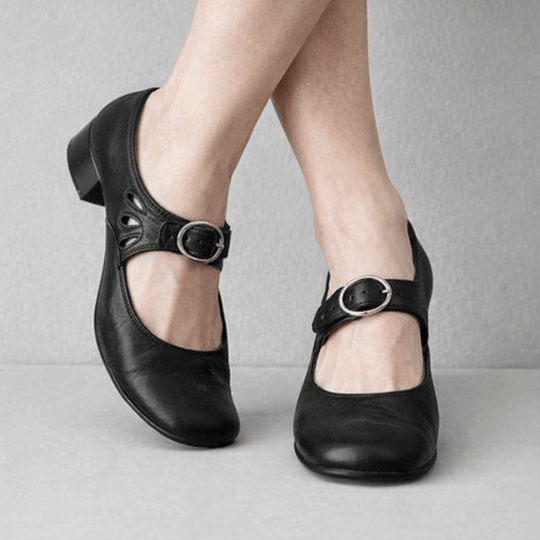 Women’s Closed Toe Heeled Shoes with Strap and Buckle Detail
