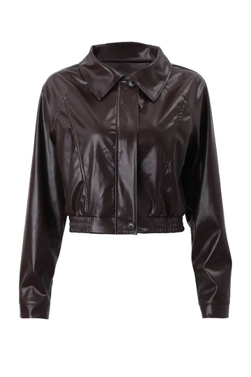 Women’s Cropped Faux Leather Jacket with Button Front