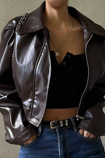 Women’s Cropped Faux Leather Jacket with Button Front