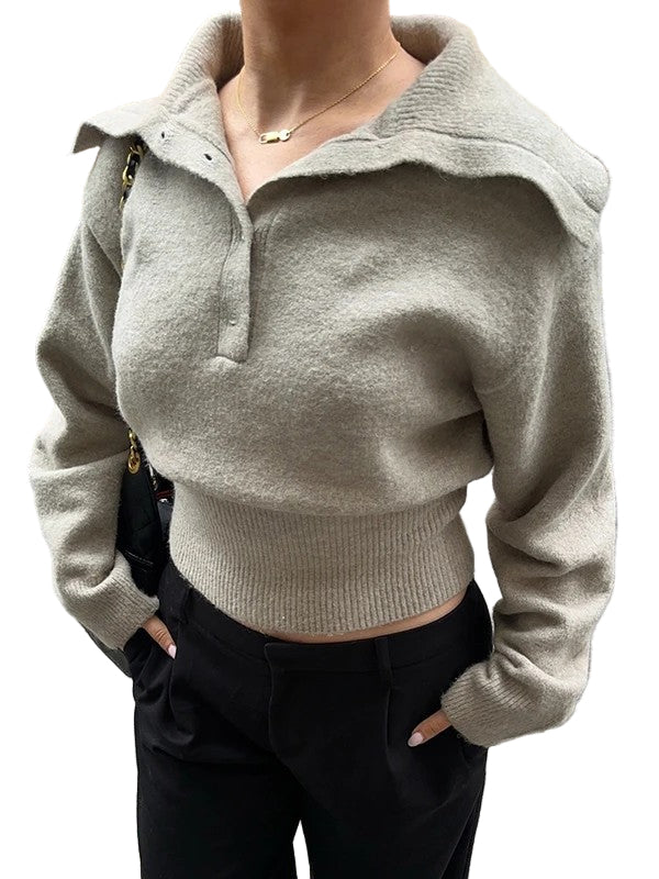Women’s Cropped Knit Top with Collared Neck and Button Placket