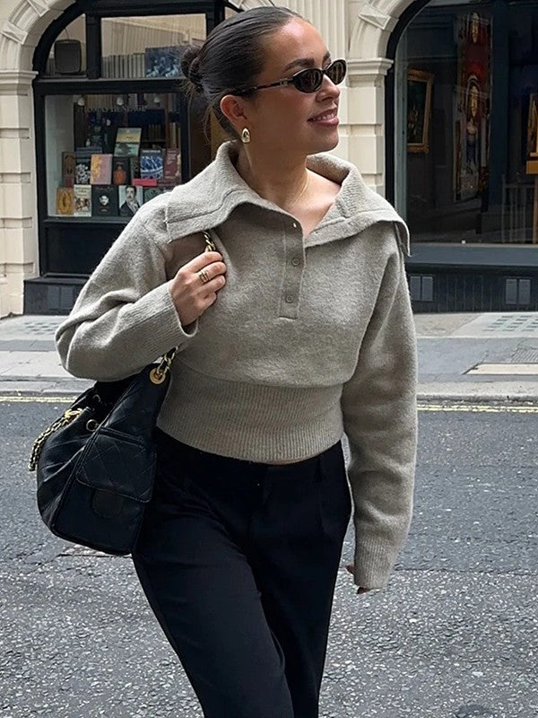 Women’s Cropped Knit Top with Collared Neck and Button Placket