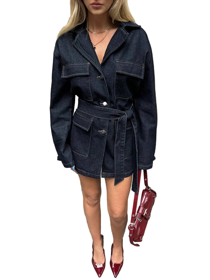Women’s Denim Jacket Dress with Button Front and Waist Belt