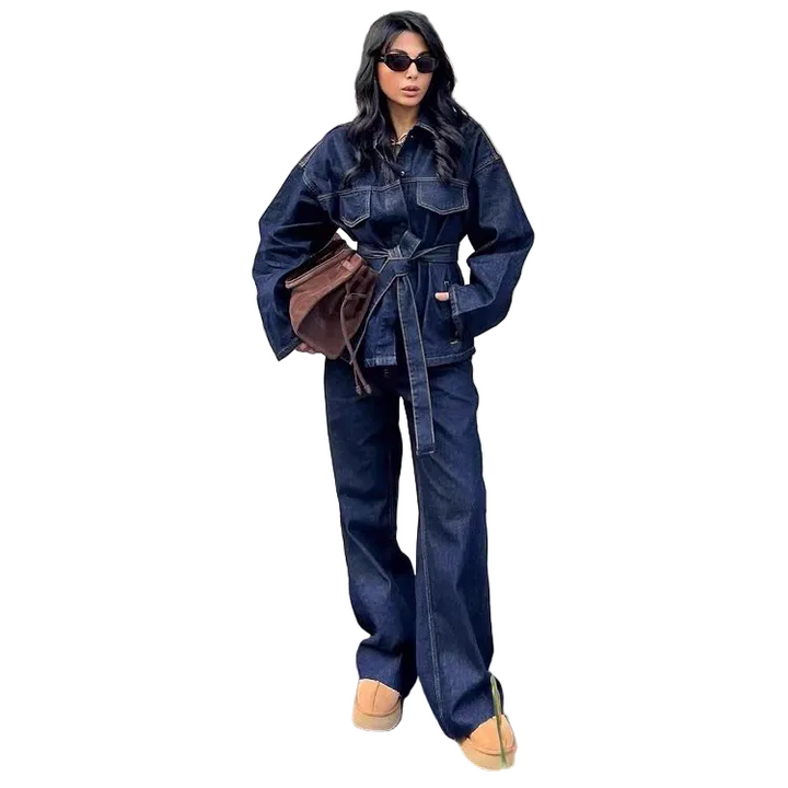Women’s Denim Two-Piece Set with Belted Jacket and Straight-Leg Jeans