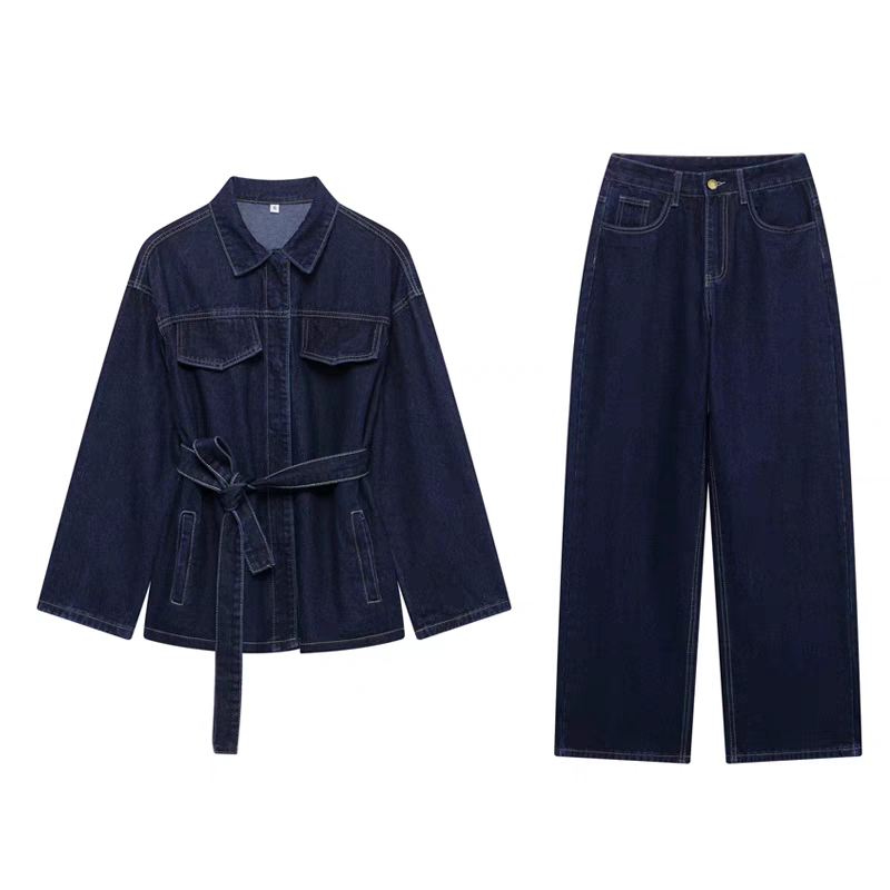 Women’s Denim Two-Piece Set with Belted Jacket and Straight-Leg Jeans