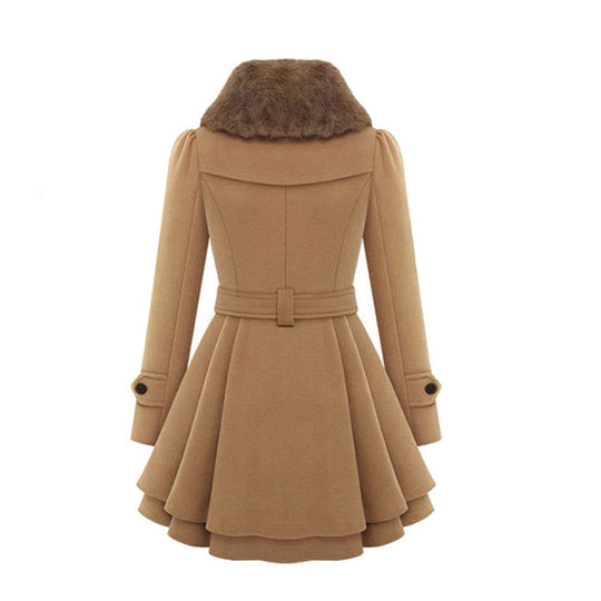 Women’s Double Breasted Belted Coat with Faux Fur Collar