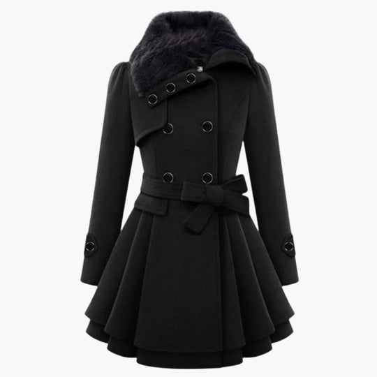 Women’s Double Breasted Belted Coat with Faux Fur Collar