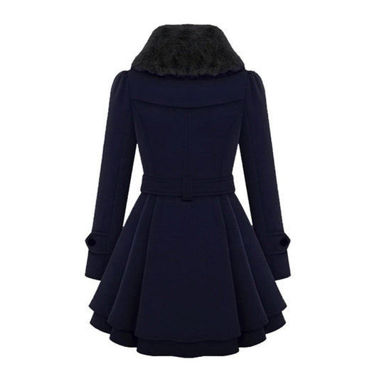 Women’s Double Breasted Belted Coat with Faux Fur Collar