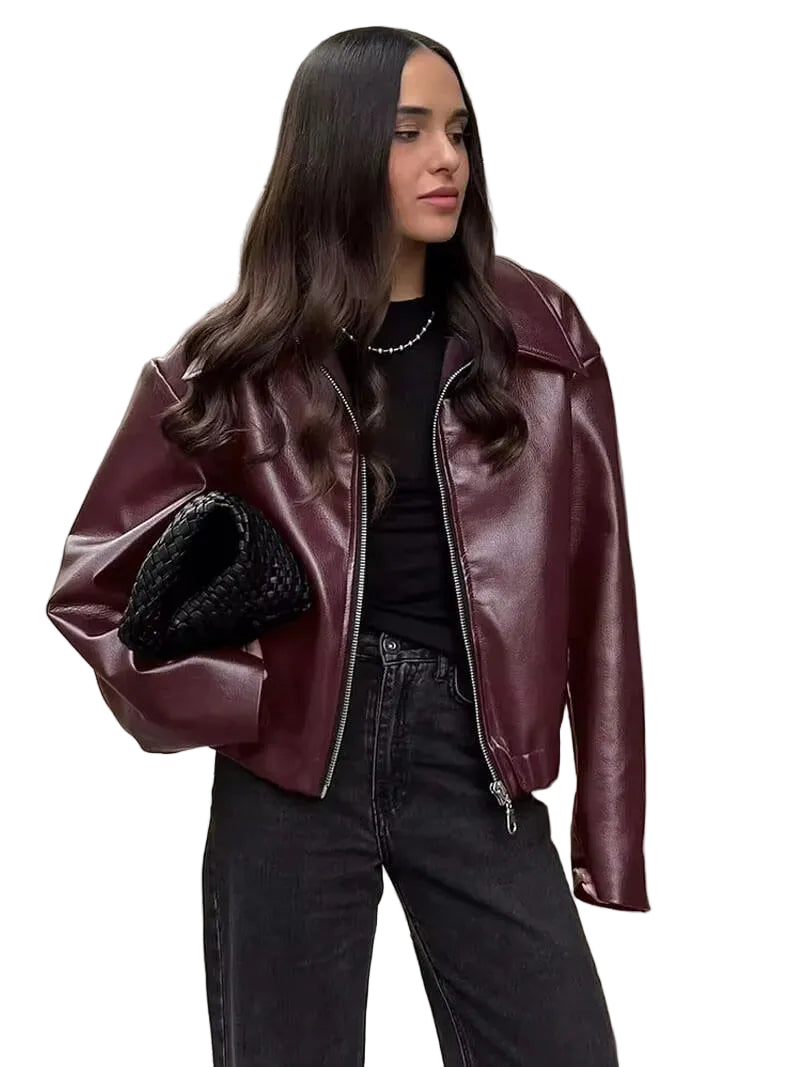 Women’s Faux Leather Jacket with Zip Front and Collar