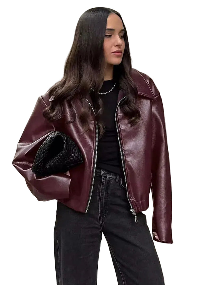 Women’s Faux Leather Jacket with Zip Front and Collar