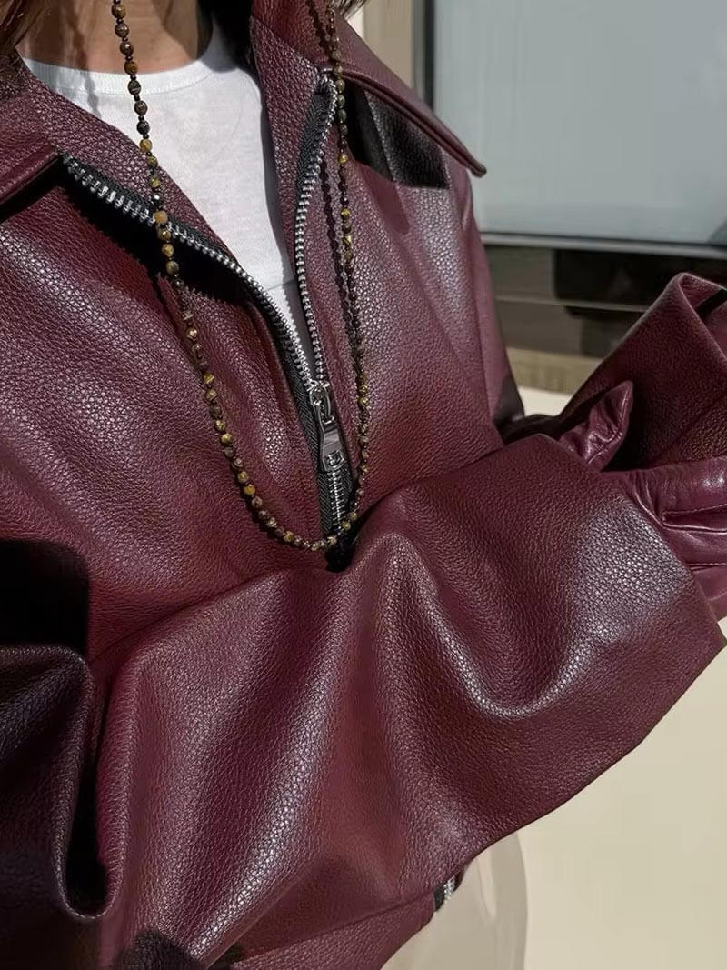 Women’s Faux Leather Jacket with Zip Front and Collar