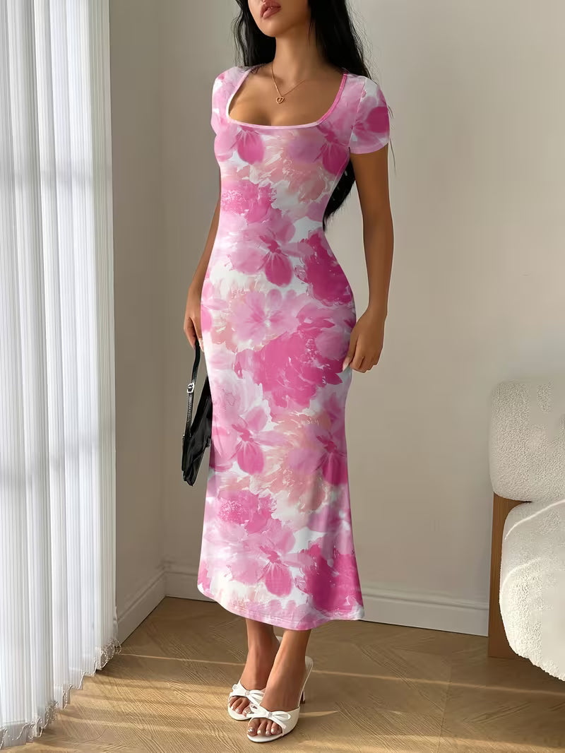 Women’s Floral Print Short Sleeve Midi Dress
