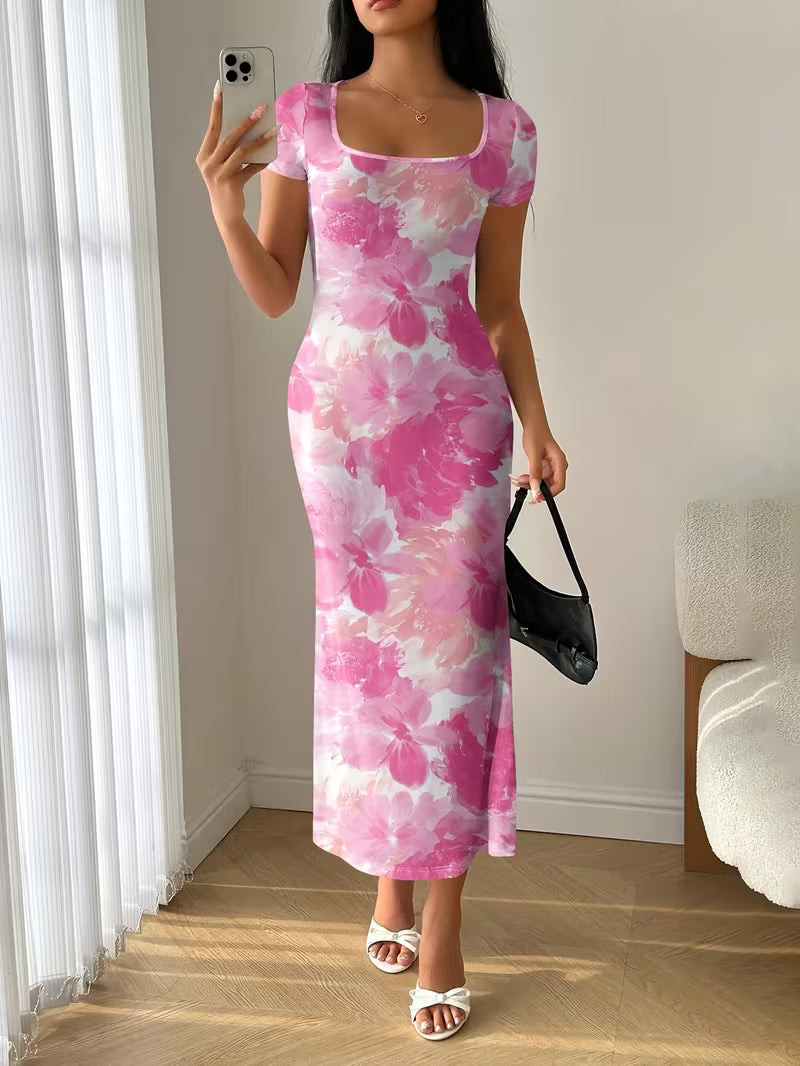 Women’s Floral Print Short Sleeve Midi Dress