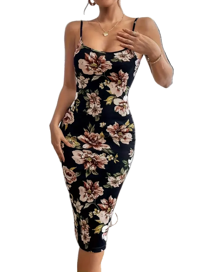 Women’s Floral Print Spaghetti Strap Midi Dress