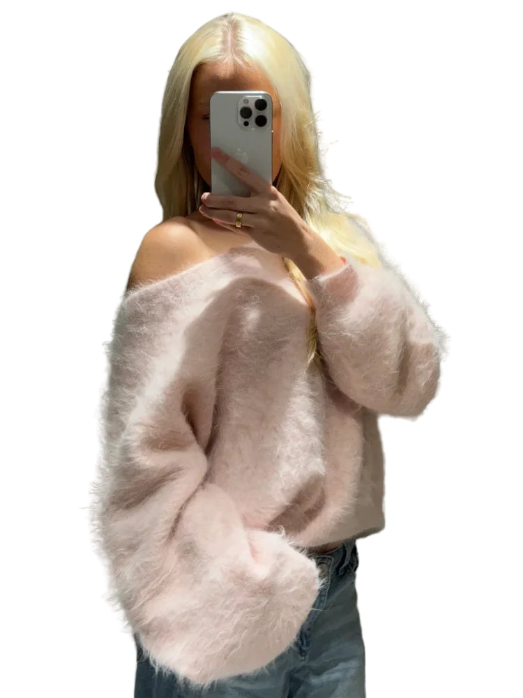 Women’s Fuzzy Knit Jumper with Round Neckline