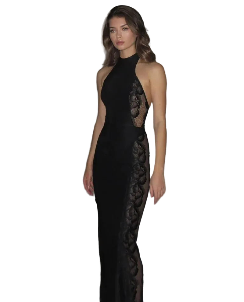 Women’s Halter Neck Lace Panel Maxi Dress