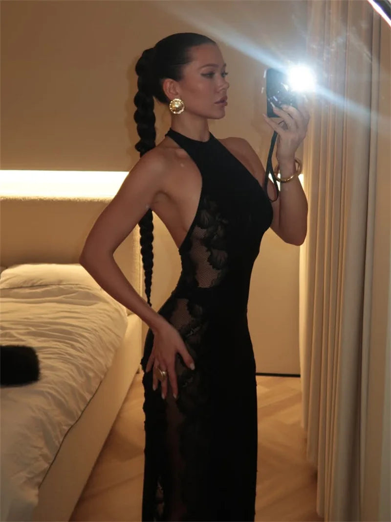 Women’s Halter Neck Lace Panel Maxi Dress