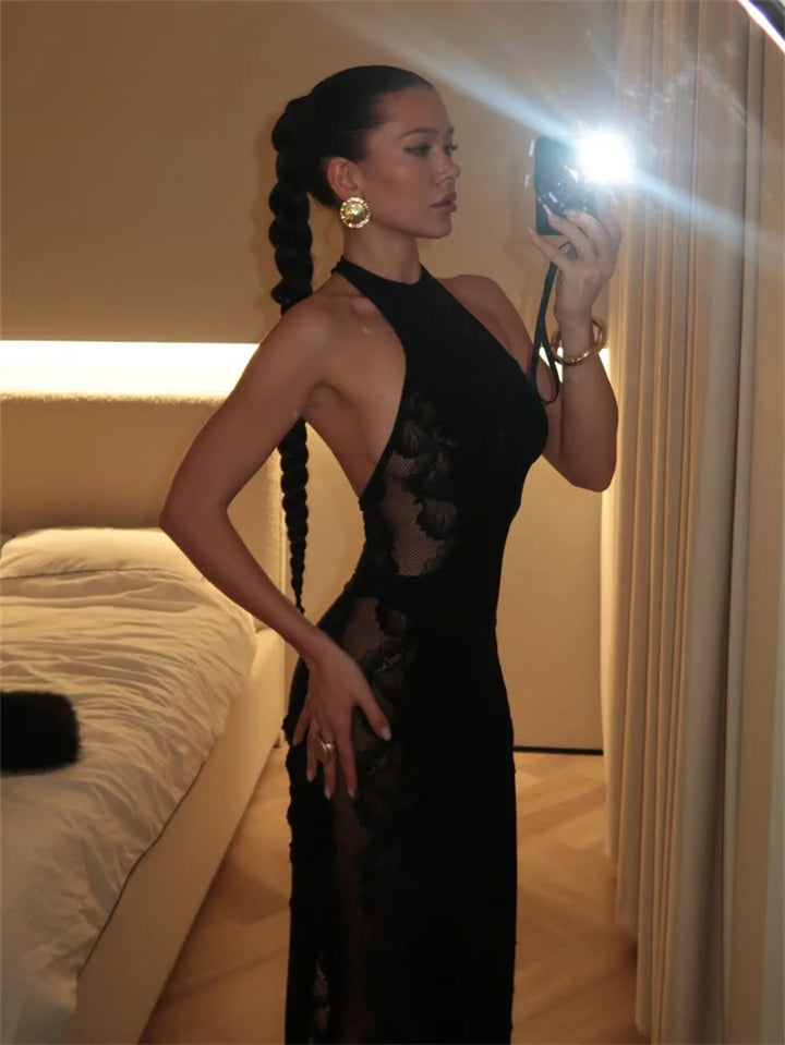 Women’s Halter Neck Lace Panel Maxi Dress