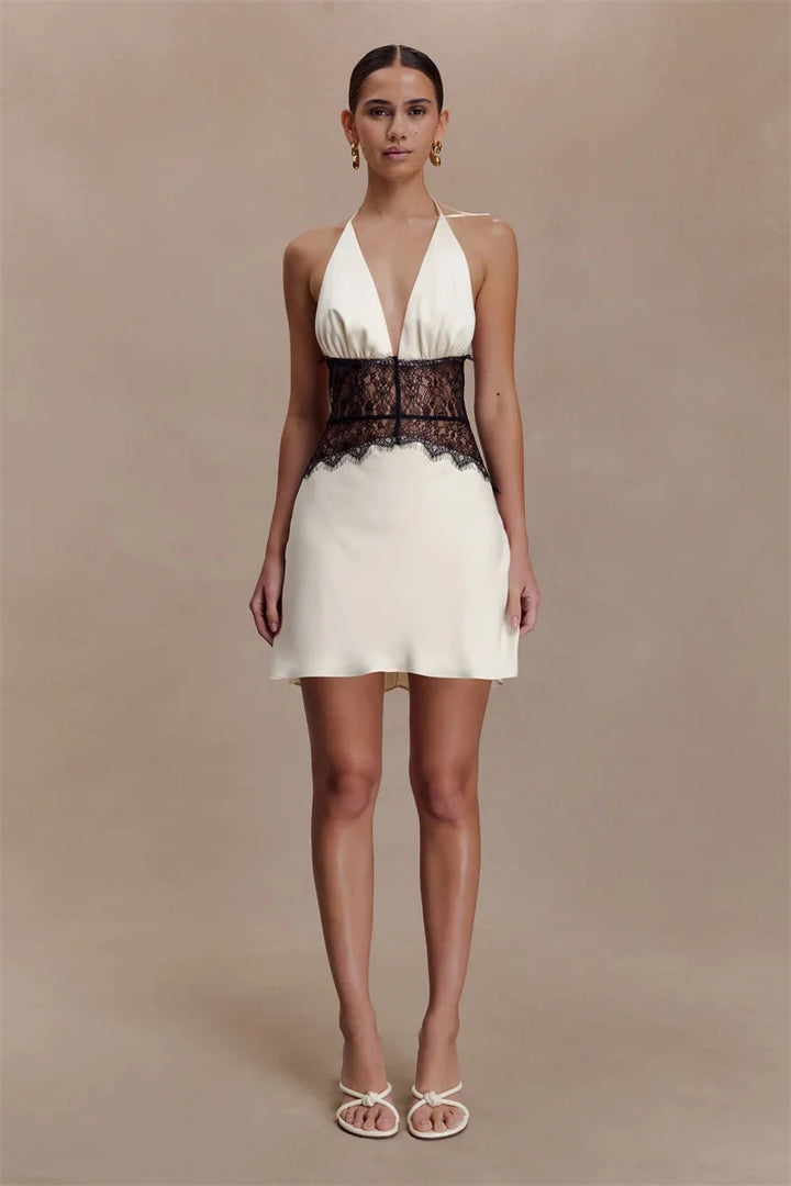 Women’s Halter Neck Lace Waist Mini Dress