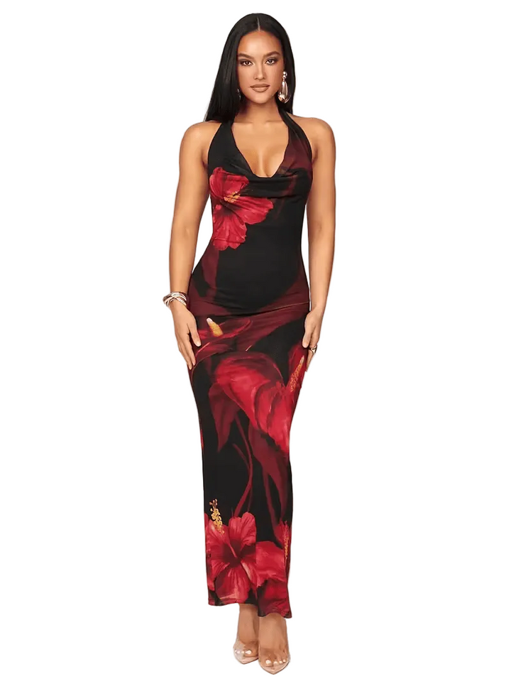 Women’s Halter Neck Maxi Dress with Floral Print