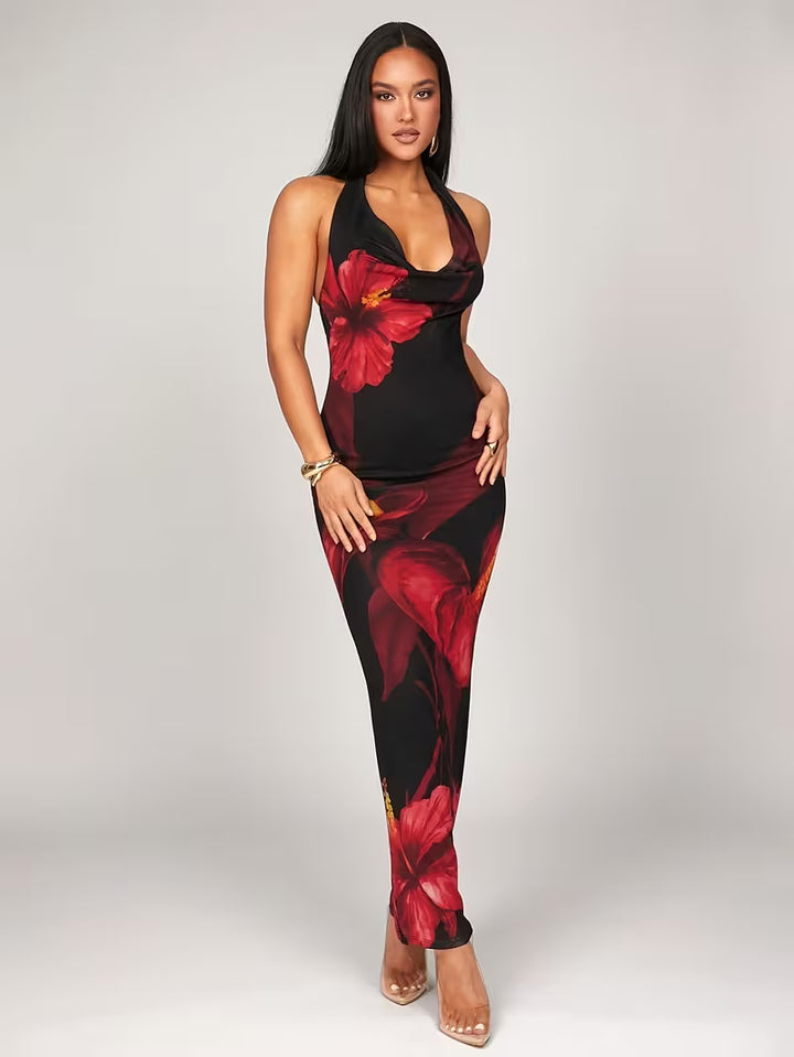Women’s Halter Neck Maxi Dress with Floral Print
