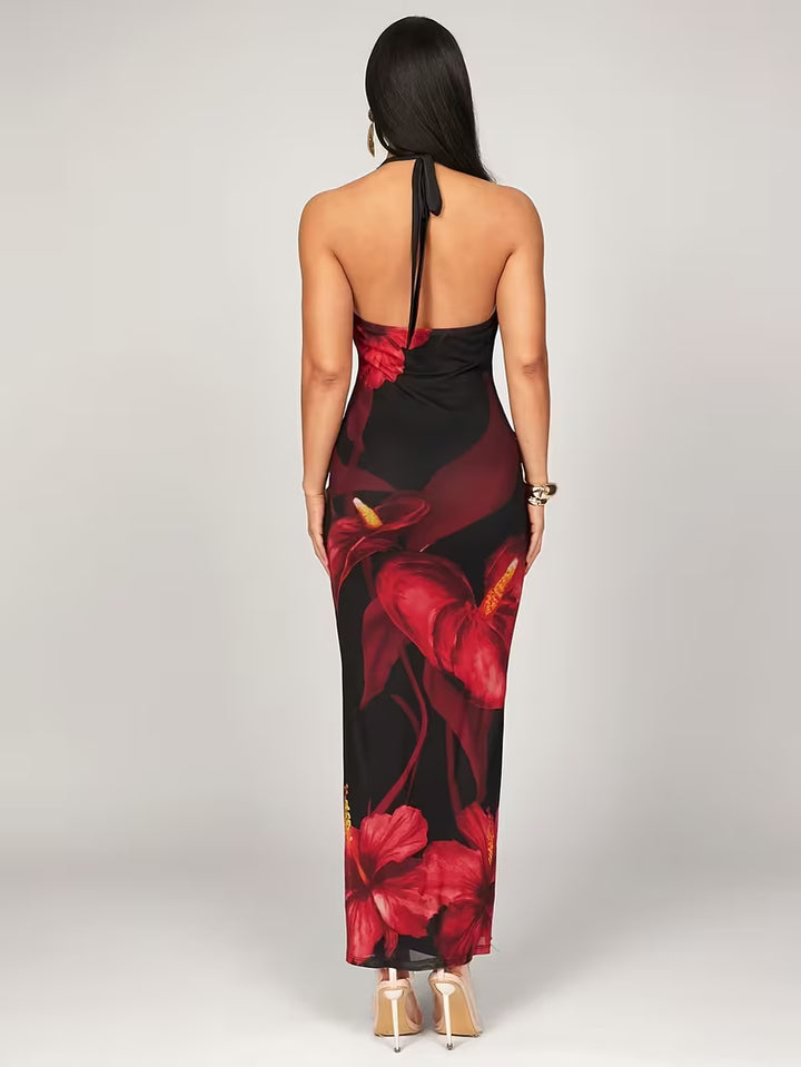 Women’s Halter Neck Maxi Dress with Floral Print