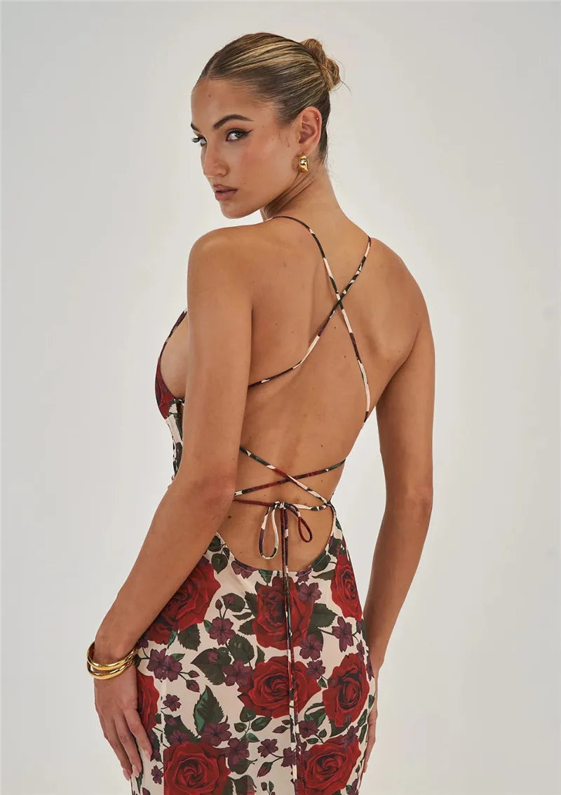 Women’s Halter Neck Maxi Dress with Floral Print and Front Twist Detail