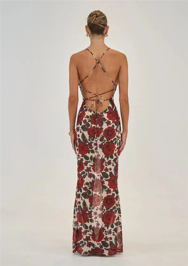 Women’s Halter Neck Maxi Dress with Floral Print and Front Twist Detail
