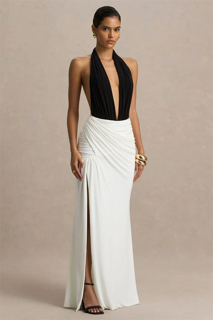 Women’s Halter-Neck Plunge Maxi Dress