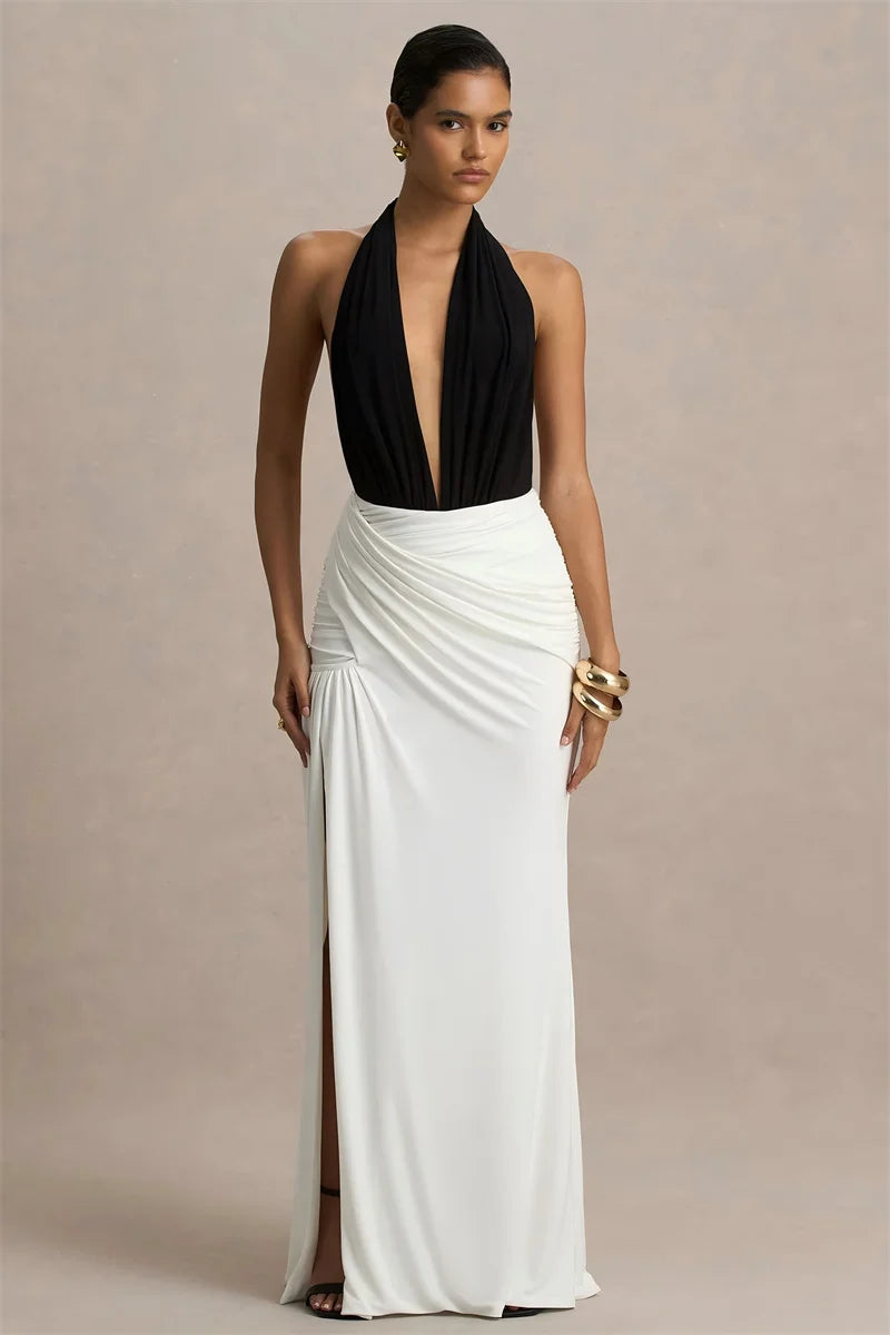 Women’s Halter-Neck Plunge Maxi Dress