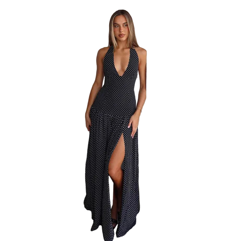 Women’s Halter Neck Polka Dot Maxi Dress with Slit