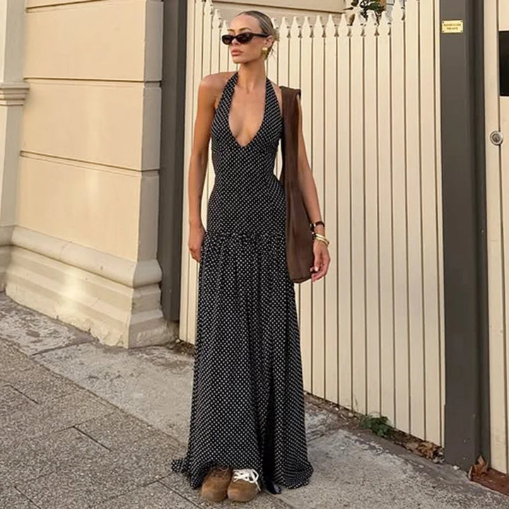 Women’s Halter Neck Polka Dot Maxi Dress with Slit