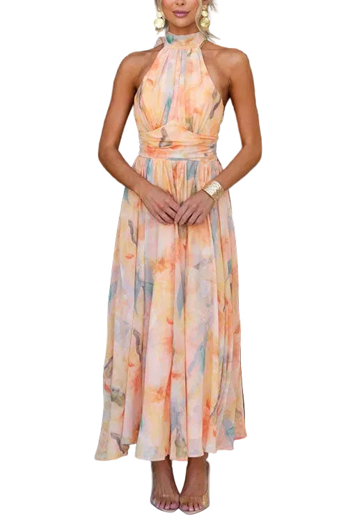 Women’s Halter Neck Printed Midi Dress with Gathered Waist