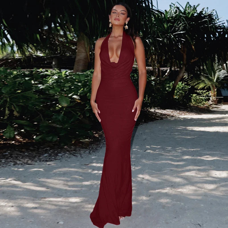 Women’s Halter Neck Ruched Maxi Dress