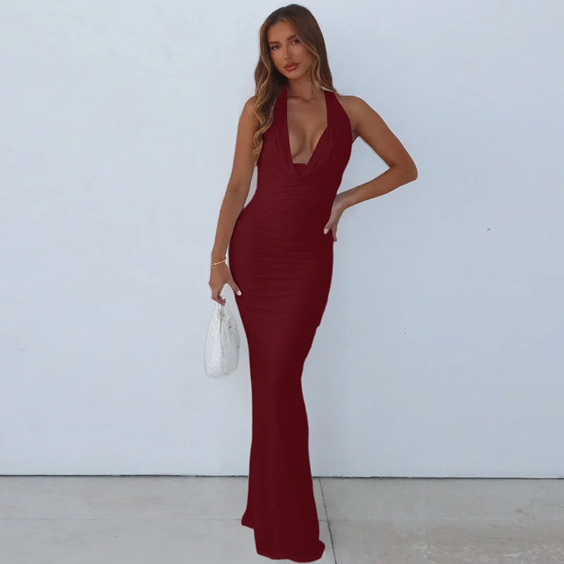 Women’s Halter Neck Ruched Maxi Dress