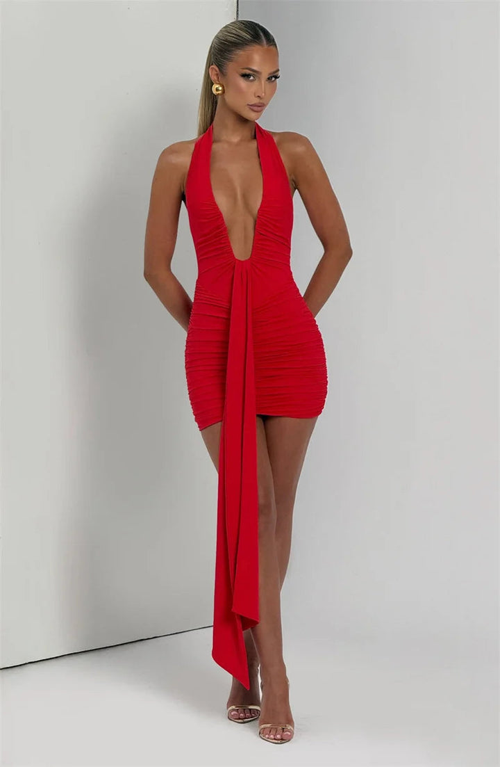 Women’s Halter Neck Ruched Mini Dress with Scarf Detail