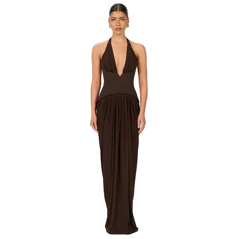 Women’s Halter Plunge Gathered Maxi Dress