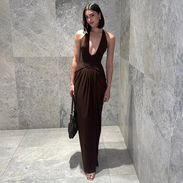 Women’s Halter Plunge Gathered Maxi Dress