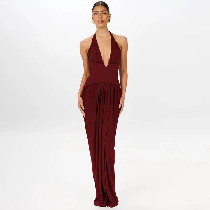 Women’s Halter Plunge Gathered Maxi Dress