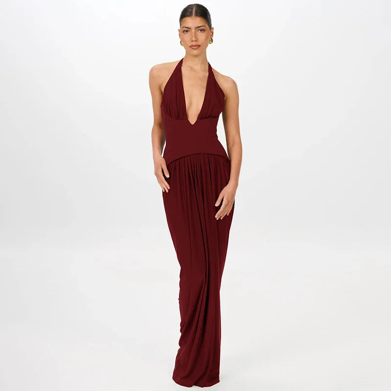 Women’s Halter Plunge Gathered Maxi Dress
