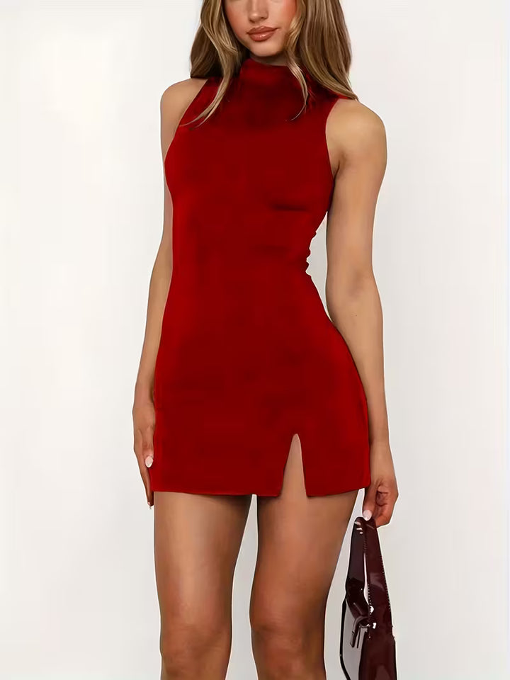 Women’s High Neck Sleeveless Mini Dress with Side Slit