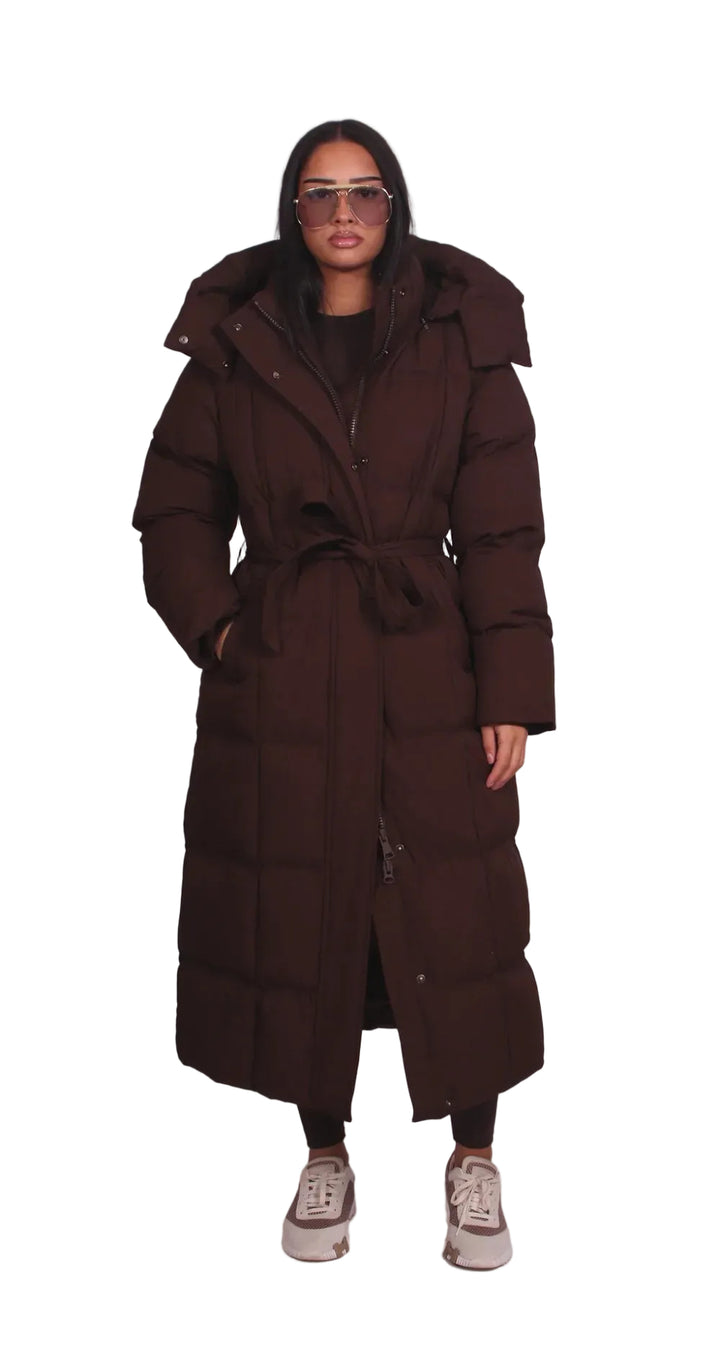 Women’s Hooded Long Puffer Coat with Waist Tie