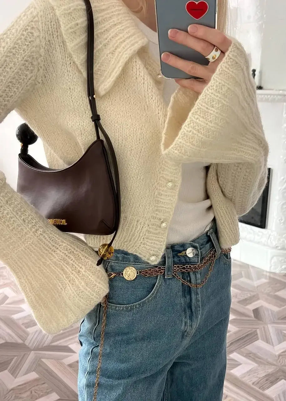 Women’s Knit Button Front Cardigan with Ribbed Collar