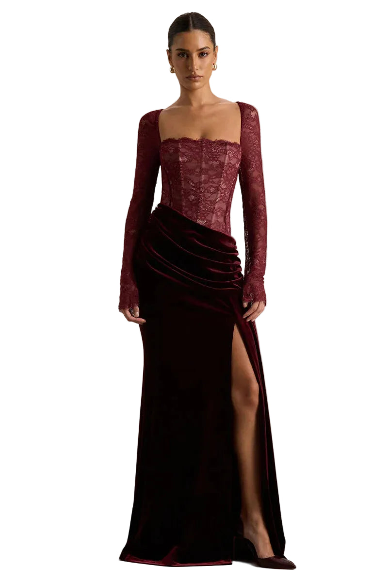 Velvet Patchwork Ruched Side Slit Long Sleeve Maxi Dress Velvet Patchwork Ruched Side Slit Long Sleeve Maxi Dress
