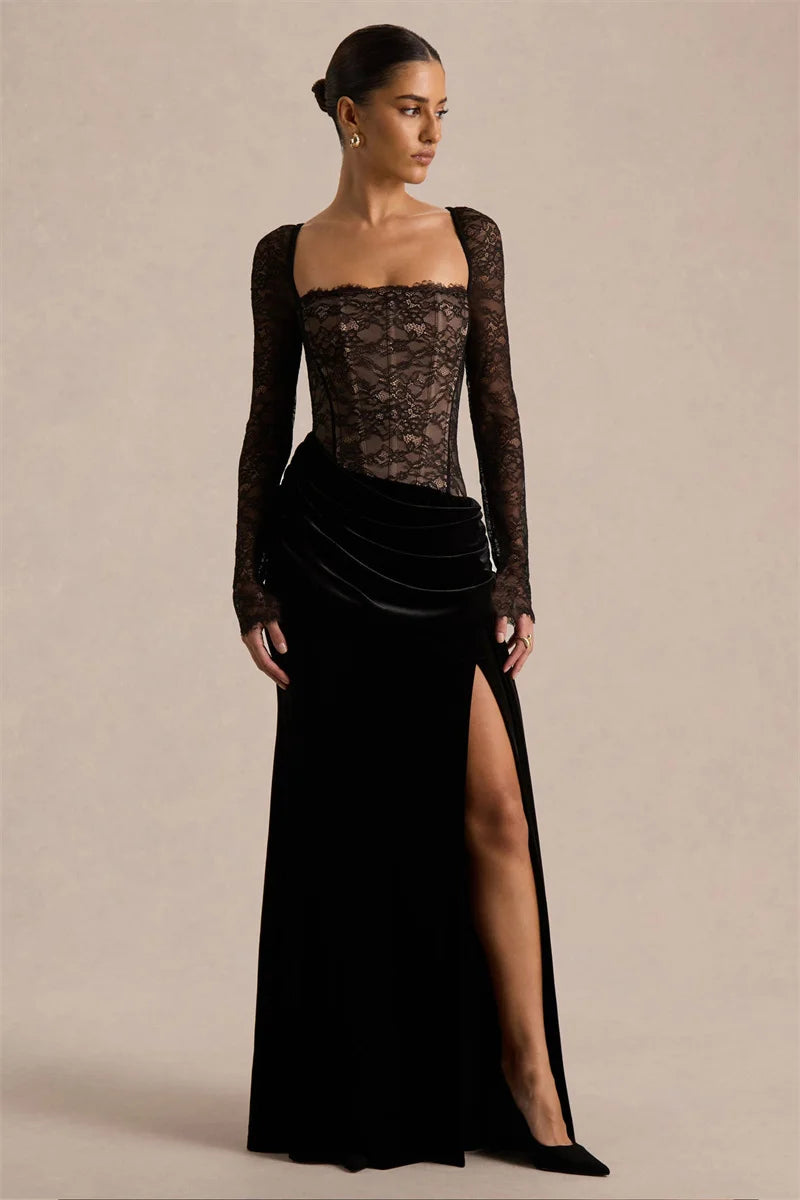 Women’s Lace Bodice Velvet Maxi Dress