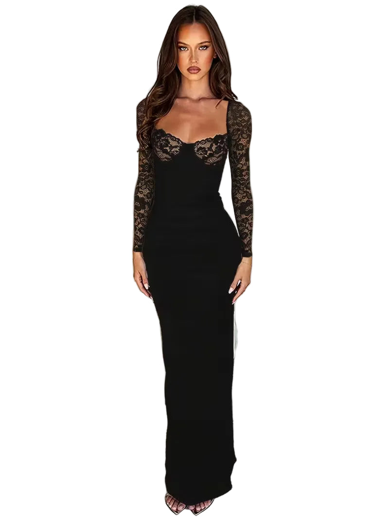 Women’s Lace Long Sleeve Maxi Dress with Sweetheart Neckline