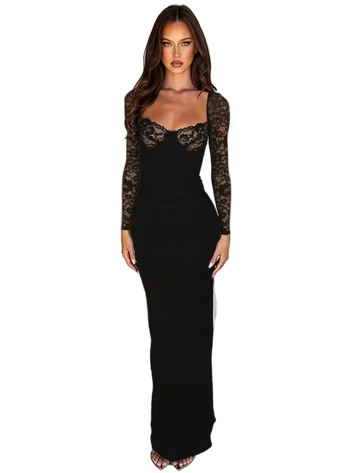 Women’s Lace Long Sleeve Maxi Dress with Sweetheart Neckline