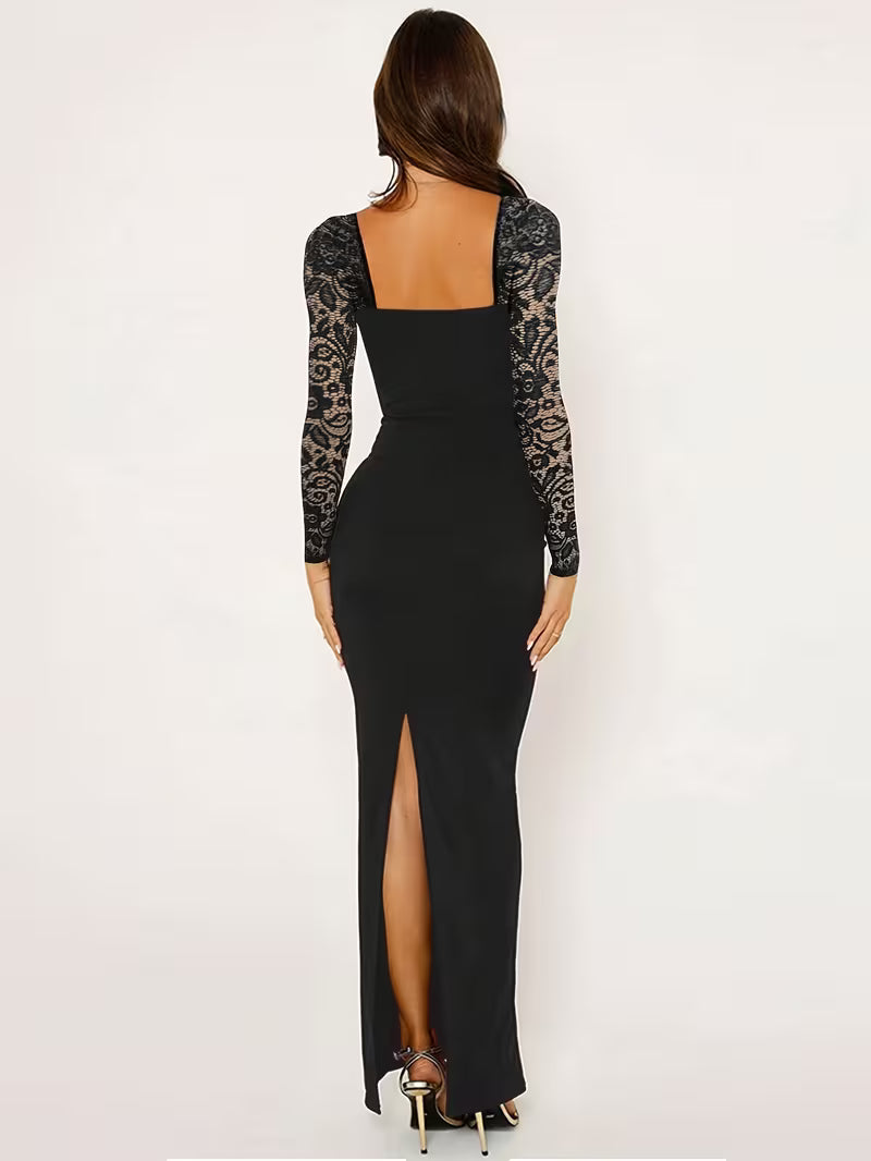 Women’s Lace Long Sleeve Maxi Dress with Sweetheart Neckline