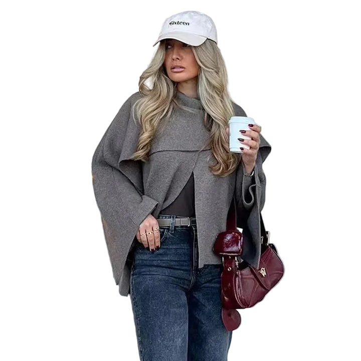 Women’s Layered Poncho Style Knit Top with Button Detail