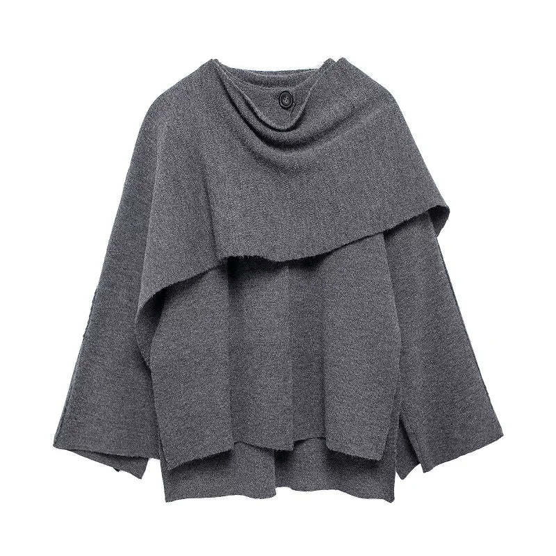 Women’s Layered Poncho Style Knit Top with Button Detail